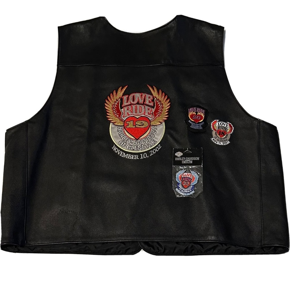 VTG BLACK LEATHER VEST LOVE RIDE 19 2002 HARLEY DAVIDSON OF GLENDALE NEW! Sz4X